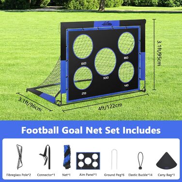 Ворота для футболу MoKo для саду, 150x120 см, велика розкладна сітка з мішенню, портативне обладнання для дитячих футбольних тренувань, спортивна гра на відкритому повітрі (Чорний+Синій)