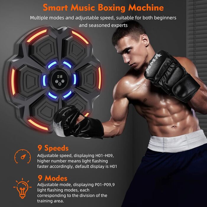 Музичний бокс-машина Snawowo для дорослих з LED підсвічуванням, Bluetooth, 9 режимами швидкості, режимом підрахунку та боксерськими рукавичками