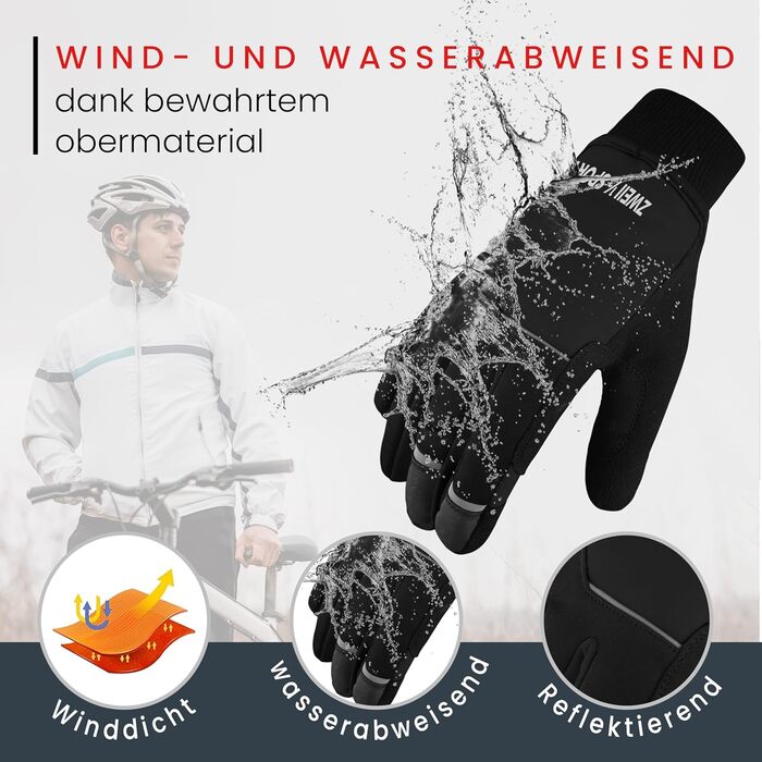 Велосипедні рукавички чоловічі зимові, вітронепроникні, водовідштовхувальні, з підкладкою, з м'якою підкладкою, неслизькі, терморукавички для їзди на велосипеді, підходять для жінок та чоловіків, бігові рукавички, чорного кольору