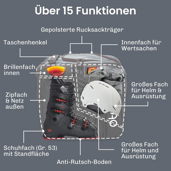 Чохол для лижних черевиків Otaro з відділенням для шолома | Сумка для лиж, шолома та аксесуарів | Водонепроникний, міцний | Комплект: сумка для черевиків (57л) + сумка для лиж XL (на 2 пари), сірий