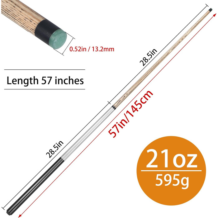 Kmise Професійний бильк для більярдного снукера - 21 oz, професійний бильк для розбиття з наконечником 13 мм, 2-секційний, для різних видів більярдного спорту