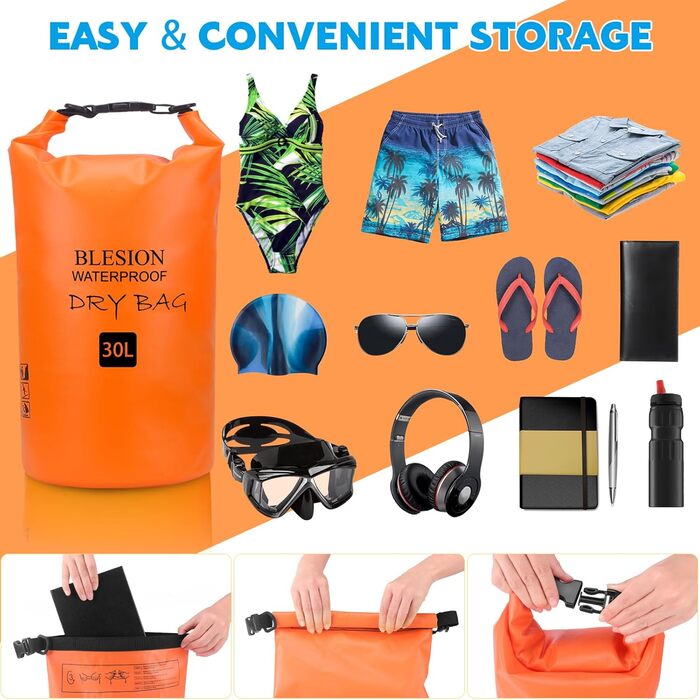 Водонепроникний мішок Dry Bag 5L/15L/20L/30L з регульованим плечовим ременем - рюкзак для каякінгу, риболовлі, плавання, піших прогулянок та подорожей (Оранжевий, 20L)