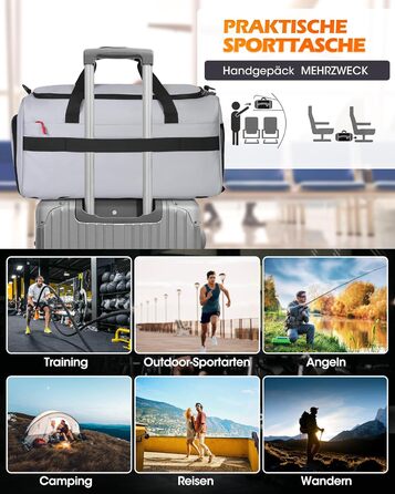 Спортивна сумка RAINSMORE 3 в 1 для чоловіків 45L: рюкзак, сумка-переноска, з відділенням для взуття, ноутбука та мокрого одягу (сіра)