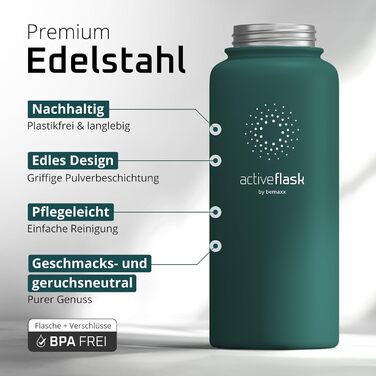 Термос-бутилка з нержавіючої сталі ACTIVE FLASK 950 мл, з трубочкою, 3 кришки, без BPA, герметична, підходить для газованої води, спортивна, для дітей та дорослих, темно-бірюзова