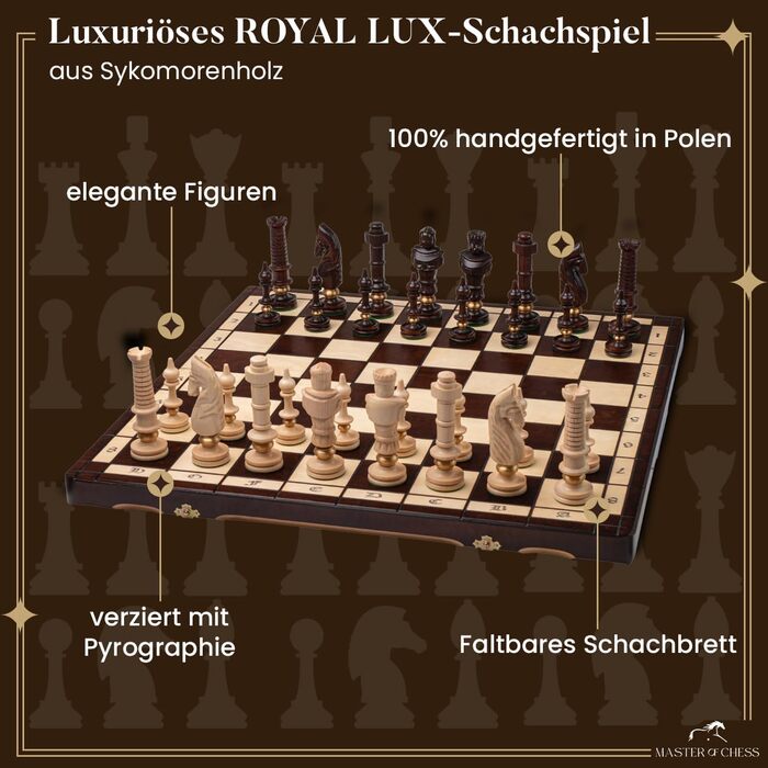 Елітні шахи з дерева ROYAL LUX 65x65 см, ручна робота, латунні кільця