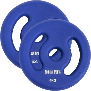 Набір неопрентових млинців для штанги Gorilla Sports 8 кг (2×4 кг), чавунні з ручками, 30/31 мм