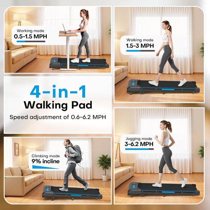 Бігова доріжка Walking Pad для дому з нахилом 9%, потужність 2.5HP, LED-дисплеєм та дистанційним керуванням, 12 програм, амортизація, до 150 кг, чорно-синя
