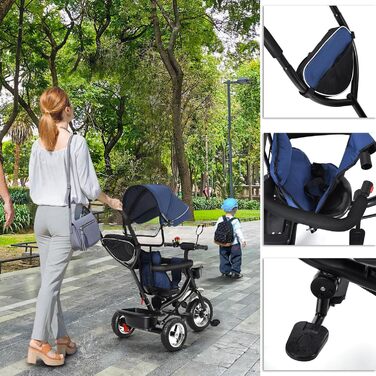 Триколісний велосипед 4 в 1 для дітей від 1 року з батьківською ручкою – дитячий триколіс для 1-4 роки до 25 кг, регульована батьківська ручка, поворотне сидіння, складна тентова система та кошик – компактний та безпечний (Темно-синій)