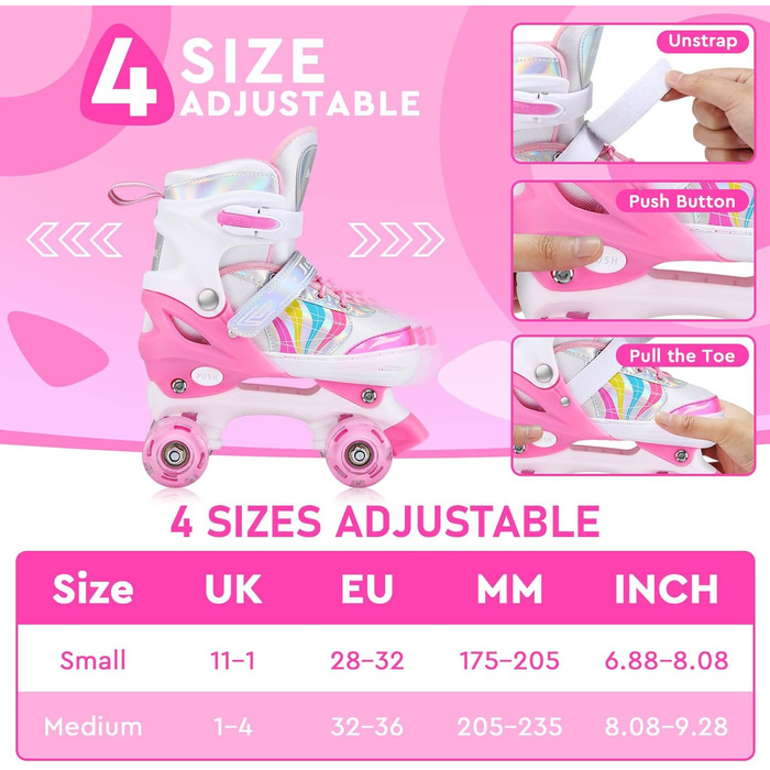 Дитячі ролики для катання на роликах, регульовані ролики Quad, розмір 4, регульовані та підсвічені ролики, ролики для дівчаток та хлопчиків. Розмір M (EU 32-36)