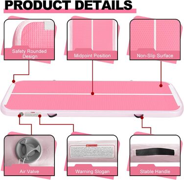 Гімнастичний надувний мат (килимок) 2м/3м/4м/5м/6м, 10см, для фітнесу, йоги, танців, рожевий, з насосом, для дому