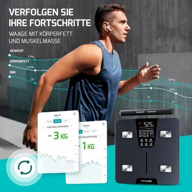 Цифрова вага-аналізатор тіла Testsieger 2025, вага до 225 кг, вимірювання жиру та м'язової маси (17 показників), аналіз тіла через додаток, великий LED-дисплей, білий колір (з ручкою)
