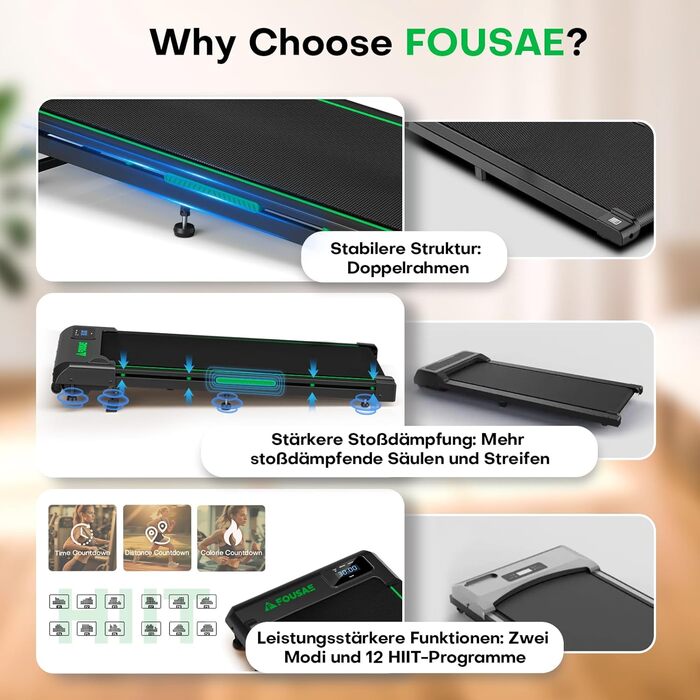 Walking Pad FOUSAE: Біговий доріжка для дому та офісу з регулюванням нахилу до 9%, LED-дисплеєм та дистанційним керуванням. Макс. вантаж: 150 кг, чорно-зелений колір.