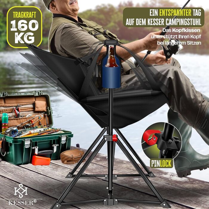 Крісло для кемпінгу KESSER® зі спинкою, 160 кг, з підсвіткою та тримачем для напоїв | Розкладне крісло-гойдалка для риболовлі, пляжу, відпочинку, хакі (темно-синій/чорний)