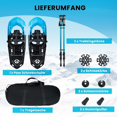 Снігоступи COSTWAY з підйомником, 35-45 розмір, до 90 кг, комплект з трекінговими палками та сумкою (синій, 63 см)