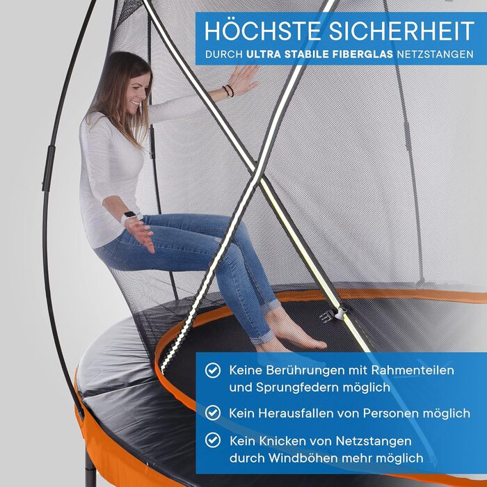 Трамплін KINETIC SPORTS Ultimate Pro для саду – Ø 244/305/366/427 см, сертифікат TÜV Rheinland GS, з металевою драбиною, скловолоконна сітка, дизайн 'Курча', вантажопідйомність до 160 кг (Ø 305 см), колір Sunset Orange