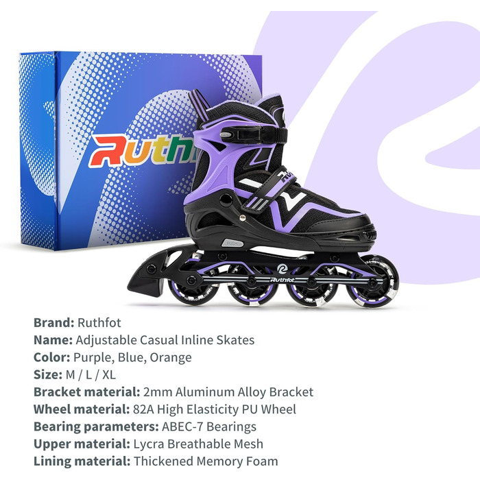 Регульовані ролики для дітей (хлопчики та дівчатка), світлові ролики, розмір L (37.5-41), фіолетовий