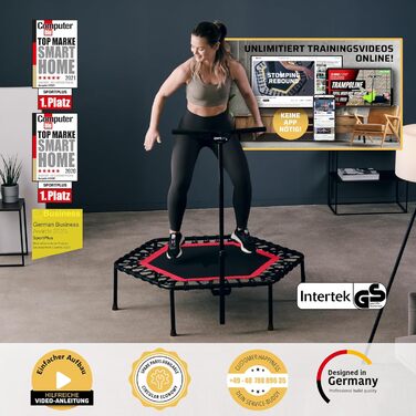 Фітнес-батут SportPlus 126 см, TÜV сертифікат, тиха гумова підвіска, 5-рівнева регульована ручка, захисна накідка, до 130 кг, батут для Jumping Fitness