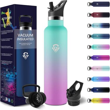 Термофляшка 1000 мл, не містить BPA, з нержавіючої сталі, подвійні стінки, ізольована, з трубочкою, для газованої води (зелений & фіолетовий)