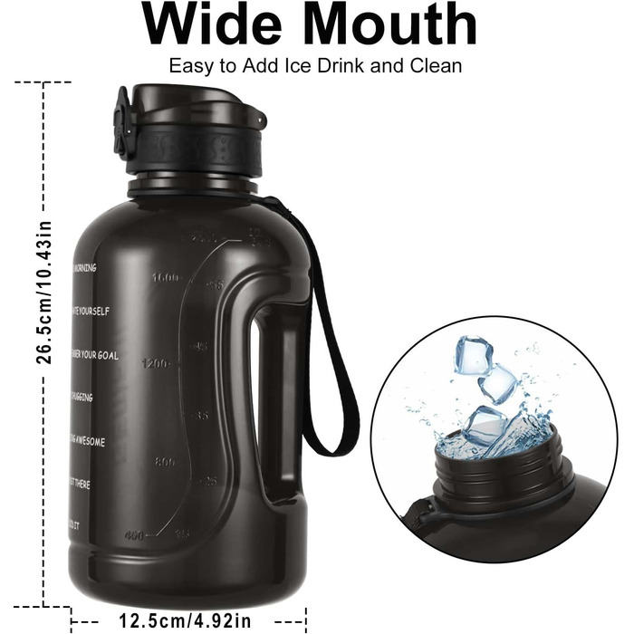 Пляшка спортивна GEMFUL 3л з міткою часу, соломинкою та ручкою, сіра. BPA-free, герметична, для фітнесу, тренувань та активного зволоження.