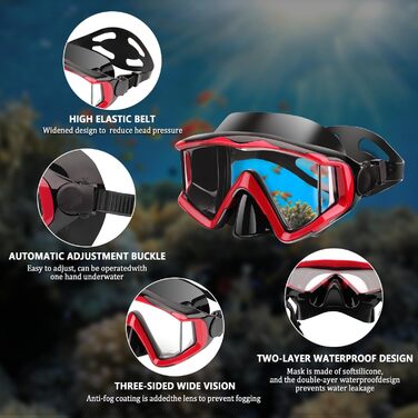 Маска для плавання та снорклінгу AQUA A DIVE SPORTS, антизапітнівальна, червона, для дорослих