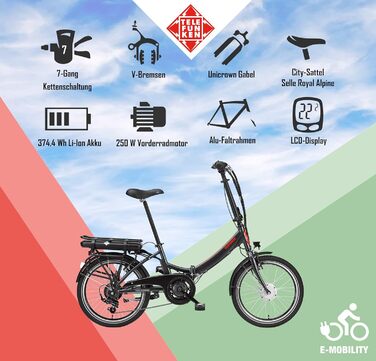 Електровелосипед складаний TELEFUNKEN, алюмінієвий, 250 Вт, Shimano, 36V акумулятор, LED-дисплей, 20 дюймів