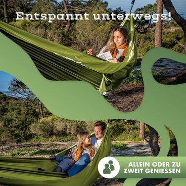 Гамак NATURBUMMLER® Outdoor з захистом для дерев [Tree Protec+] – 300x170 см, для 1-2 осіб – ультралегкий та вологостійкий – двошаровий гамак для кемпінгу, саду та відпочинку на природі (природний зелений колір)