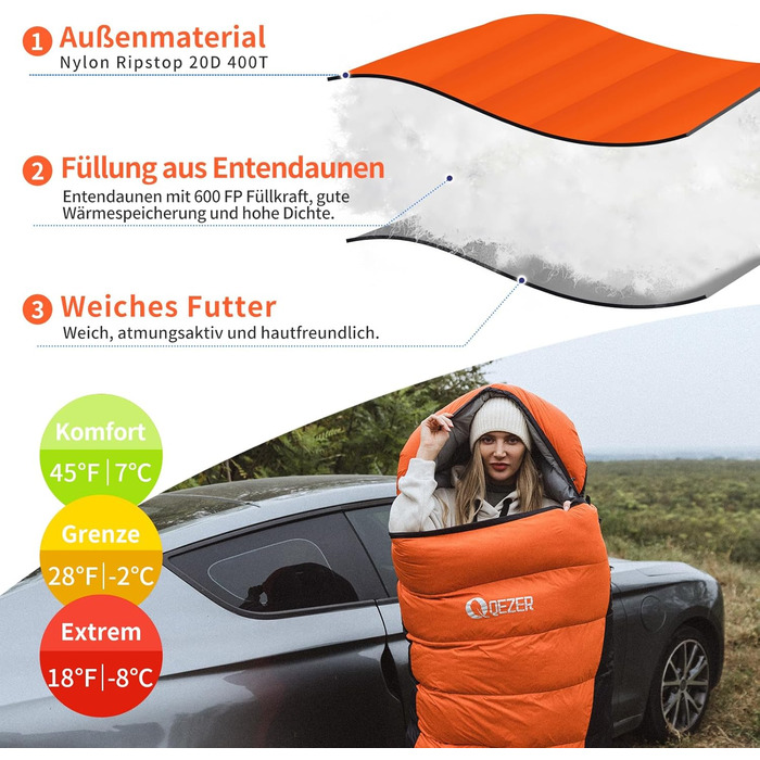 Сплячий мішок пуховий зимовий, 600FP+ преміум пух, 7°C - 24°C, легкий та теплий для 3-4 сезонів, кемпінг, піші прогулянки та трекінг, помаранчевий