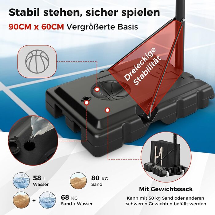 Баскетбольне кільце Gymax вуличне, регульована висота 204-358 см, стійка на колесах, з обтяжувачем, для підлітків та дорослих