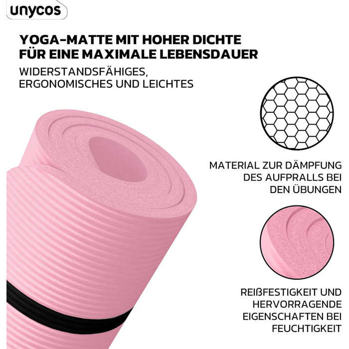 Килимок для йоги Unycos з неслизькою поверхнею | Висока щільність 6/10/15 мм, гімнастичний килимок з ременем для перенесення, інструкція (E-Book) | Дружній до шкіри фітнес-килимок для пілатесу, тренажерний зал, рожевий, 183*60*1 см