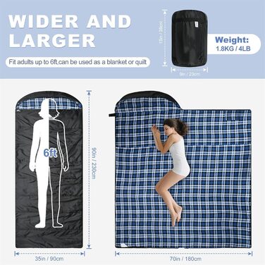 Спальний мішок Baumwoll-Flanell для дорослих, 100% бавовняний, для кемпінгу, походів, 3-4 сезони (Чорний/Блакитний)