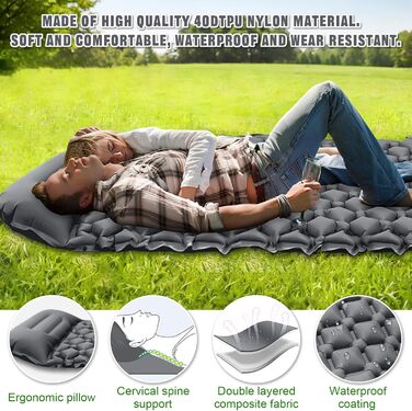 AQXONG Килимок для сну самонадувний, водонепроникний, з насосом та подушкою, ультралегкий, для кемпінгу, подорожей та відпочинку на природі - сірий
