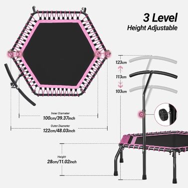 Міні-батут для дорослих, 121,9 см, батут для фітнесу, домашній та вуличний, з T-поручнем (рожевий)