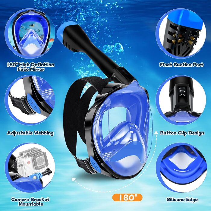 Набір для снорклінгу та дайвінгу для дорослих: маска-половинка, ласти, чохол. Широкий огляд 180°, фіксація камери, регульовані ласти