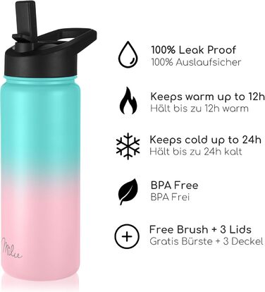 Термофляга Milu з нержавіючої сталі 500мл, 750мл, 1л (+3 кришки) з трубочкою, подвійні стінки, ізольована, для газованої води (М'ятно-рожевий)