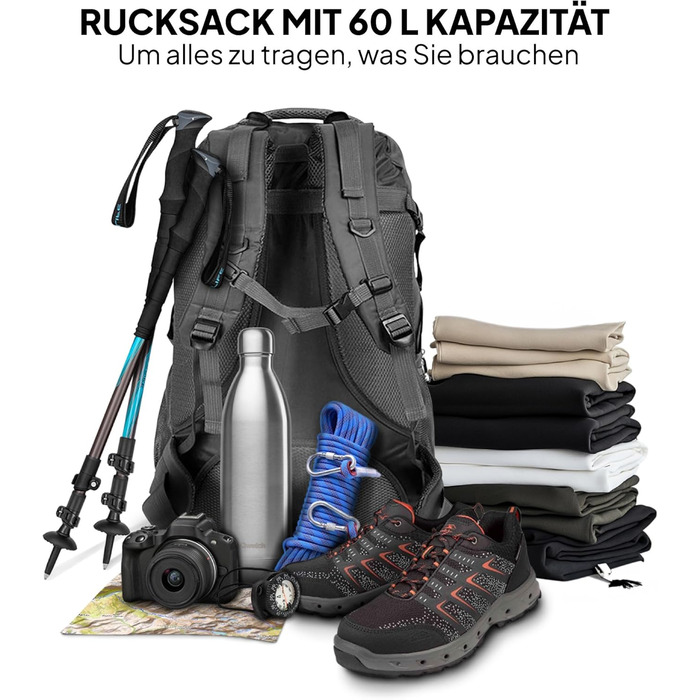 ОcioDual туристичний рюкзак 60 л – водонепроникний рюкзак для подорожей, кемпінгу, виживання, чоловічий робочий рюкзак для спорту та активного відпочинку
