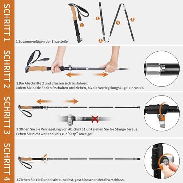 Складні трекінгові палиці для ходьби та трекінгу, телескопічні палиці для жінок та чоловіків, легкий алюміній, регулювання 115-135 см, ручки з корку, 4 гумові накладки