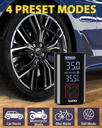 Електричний акумуляторний компресор TANYO 150PSI для авто, велосипедів, мотоциклів і м'ячів, з цифровим манометром і LED підсвічуванням, портативний насос 12В