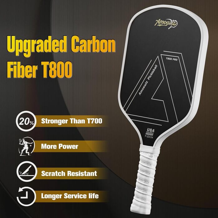 Ракетка для піклболу Amoswiz з карбону, 16 мм, T800 термоформована, для обертання, сили та контролю, з чохлом та ластиком, подарунок для професіоналів та середнього рівня
