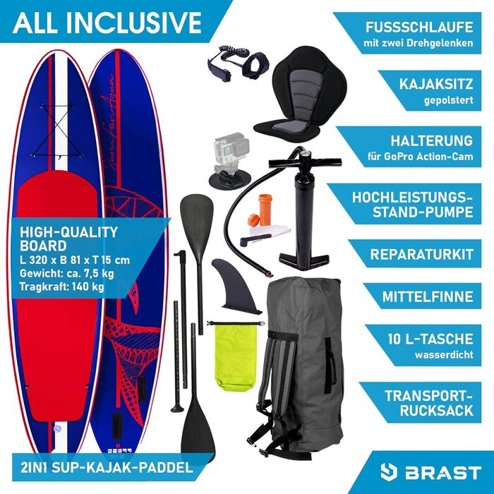 Надувна SUP дошка BRAST Shark 300-320 см, комплект: 2-в-1 весло, сидіння для каяка, тримач для екшн-камери, насос, рюкзак, 5 років гарантії