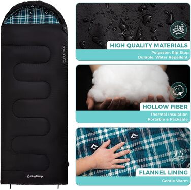 Сплячий мішок KingCamp для дорослих, для холодної погоди, великий XL, з фланелі, з компресійним мішком, водонепроникний, чорний, 230x90 см