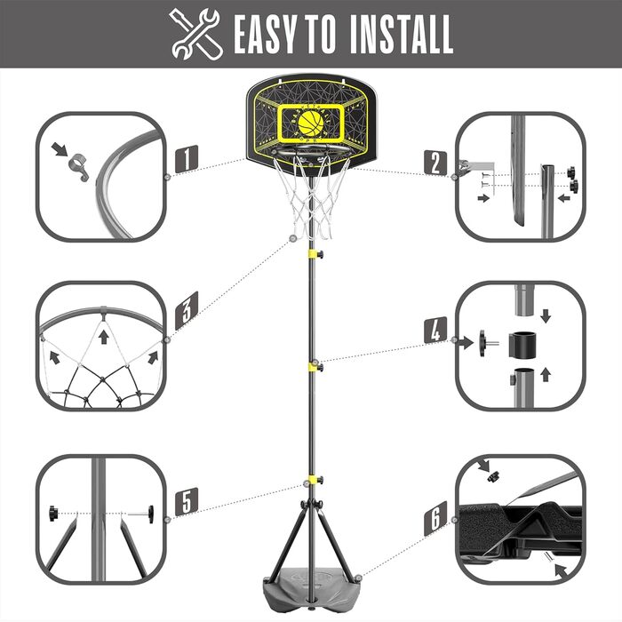 Баскетбольний кошик зі стійкою, комплект. Регульована висота 110-190 см. Ігровий набір для дітей, для гри в приміщенні та на вулиці. Чорно-жовтий колір