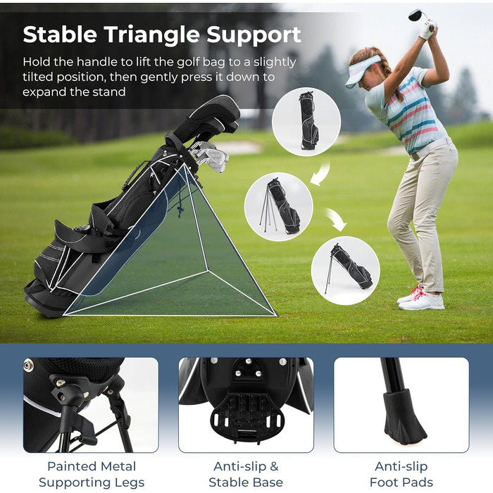 Сумка для гольфу GYMAX Stand Bag, 4-х секційна з 4 кишенями на блискавці, термосумка, дощовик та м'який плечовий ремінь. Легка та портативна сумка для гольфу для чоловіків/жінок, чорний колір