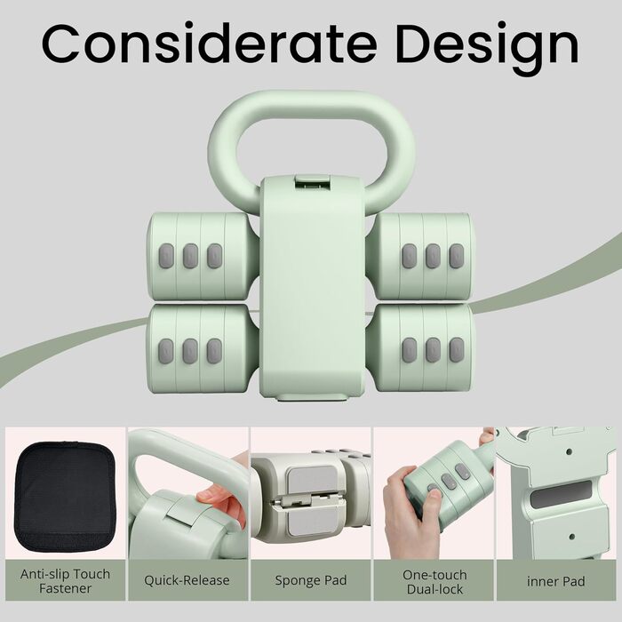 Набір гантелей 2-в-1: регульовані гантелі та м'ячики-гантелі, 4 ступені зміни ваги (1-2.5 кг), для жінок, домашні тренування, з антиковзаючим кріпленням. Зелений колір.