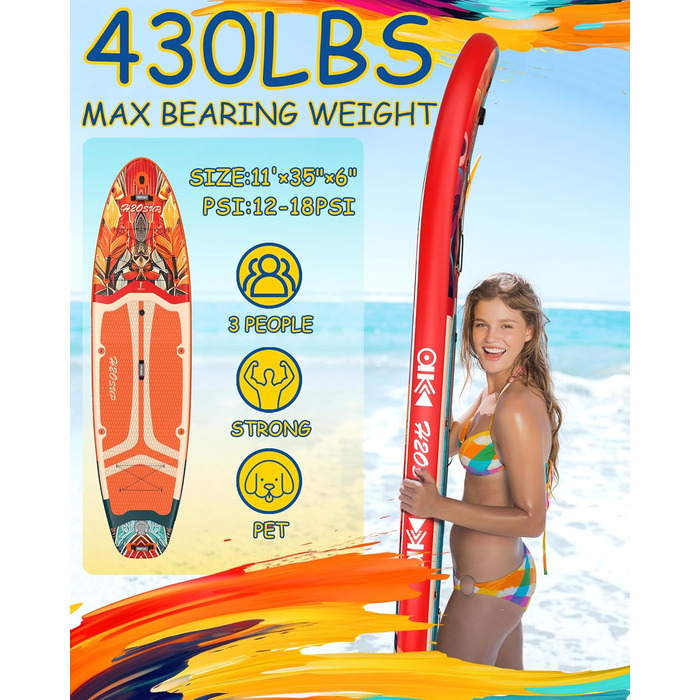 Надувне SUP-борд H2OSUP: широкий, стабільний дизайн, аксесуари преміум-класу, для риболовлі, йоги, Orange