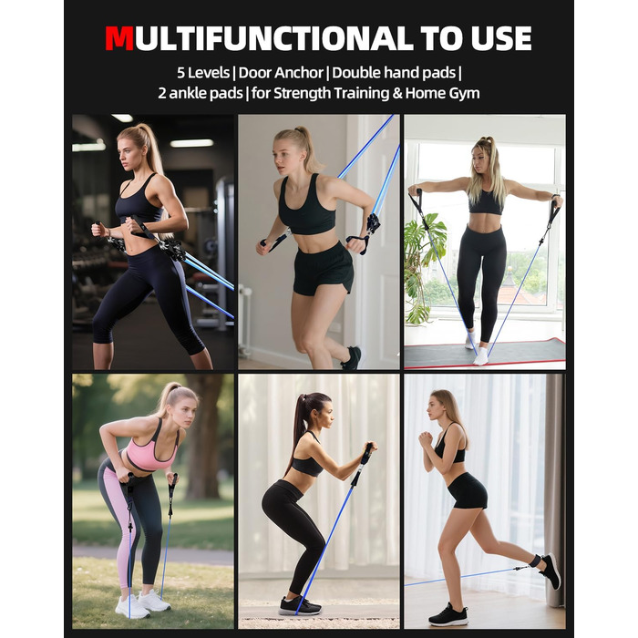Набір еластичних стрічок Abahub для фітнесу з дверним кріпленням, ручками та петлею для ніг. Ідеально для тренувань всього тіла, домашнього спортзалу, підходить для початківців та досвідчених (100LB)