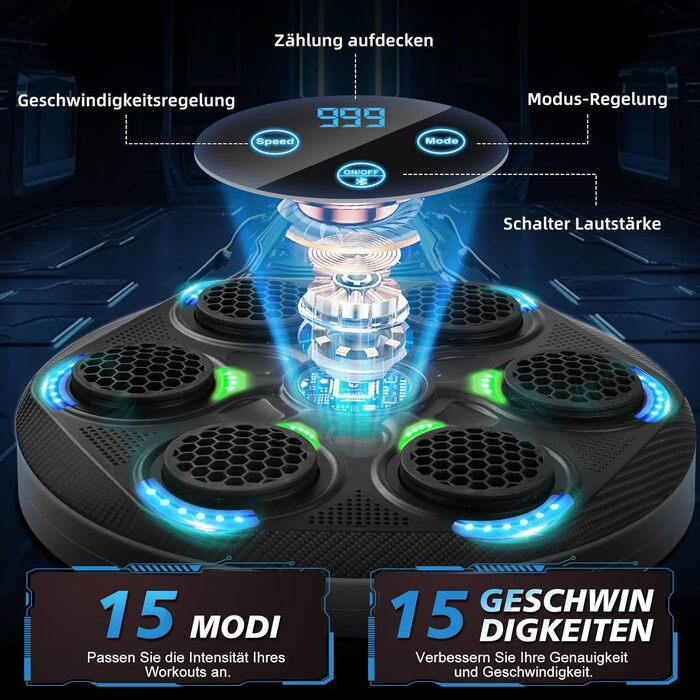 Музичний боксерський тренажер з Bluetooth, настінний, з рукавичками, 15 режимів швидкості та лічильник ударів для дорослих