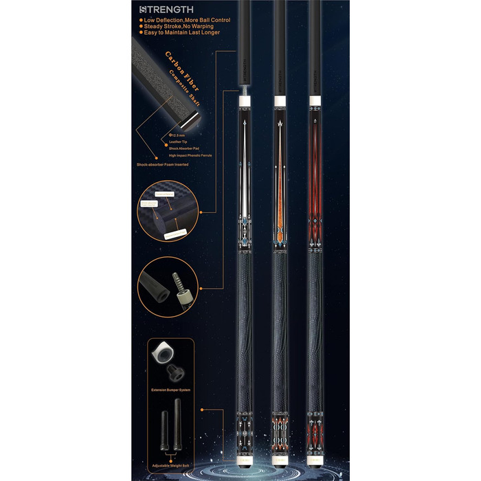 Більярдний кий CUESOUL Strength 58'' 19oz, карбон, 12,5 мм, CSPC-ST-1