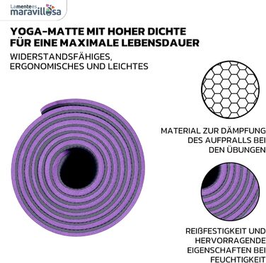 Килимок для гімнастики та йоги з неслизьким покриттям, з сумкою та E-book, 183x61 см, Мандала, фіолетовий + чорний