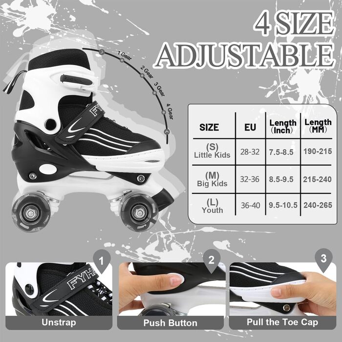 Дитячі ролики Kinder для дівчаток та хлопчиків, регульовані, з підсвічуванням, кольори: чорний та білий, розмір L (36-40 EU)