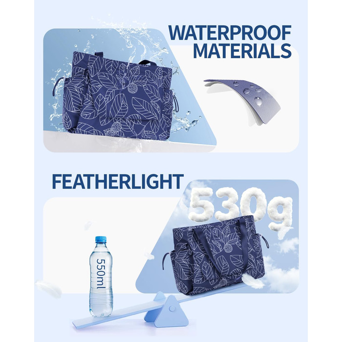 Сумка для йоги Yogatasche Damen Marineblaue Blätter, велика водонепроникна з відділенням для мокрого одягу та кріпленням для килимка